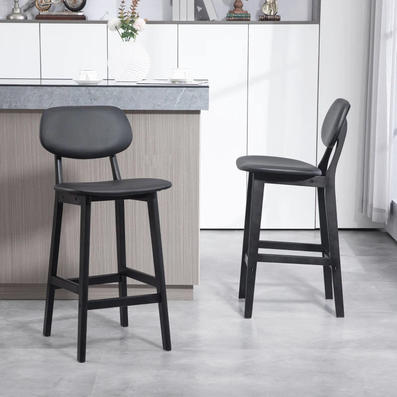 Bar Stools Set of 2, PU Leather Counter Height Barstools, Bar Chairs with Footrest and Solid Wood Legs, Black
