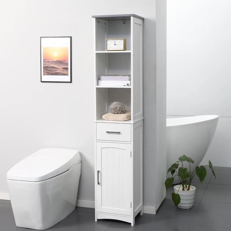 Tall Bathroom Storage Cabinet, Slim Bathroom Cabinet with 3 Tier Shelf, Drawer, Door, Freestanding Linen Tower, White