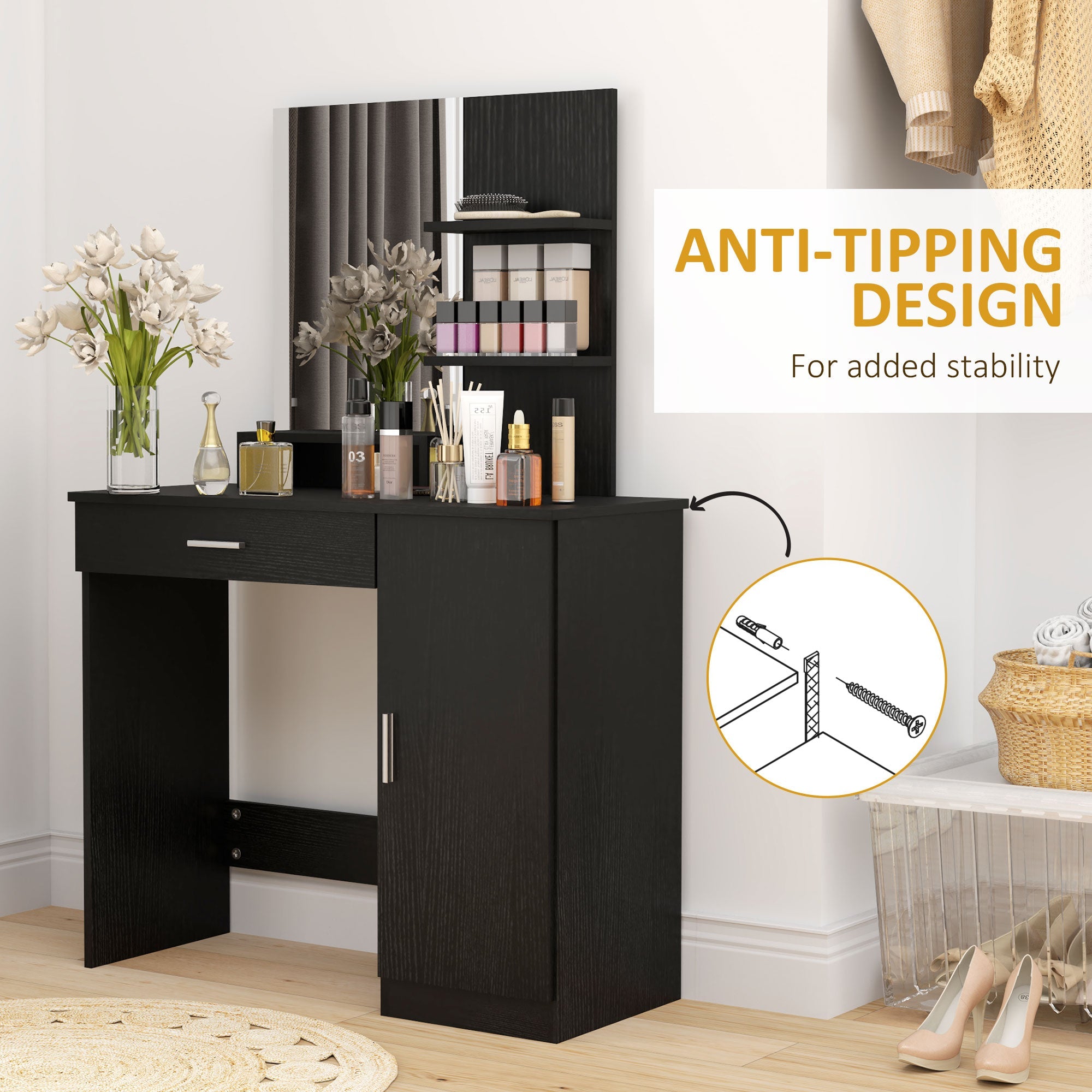 HOMCOM Dressing Table, Vanity Table with Mirror, Drawer and Storage Shelves for Bedroom, 35.4" x 15" x 54.3", Black