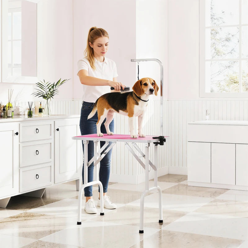 Foldable Pet Grooming Table for Dogs Cats with Adjustable Arm, Non-slip Surface, Pink