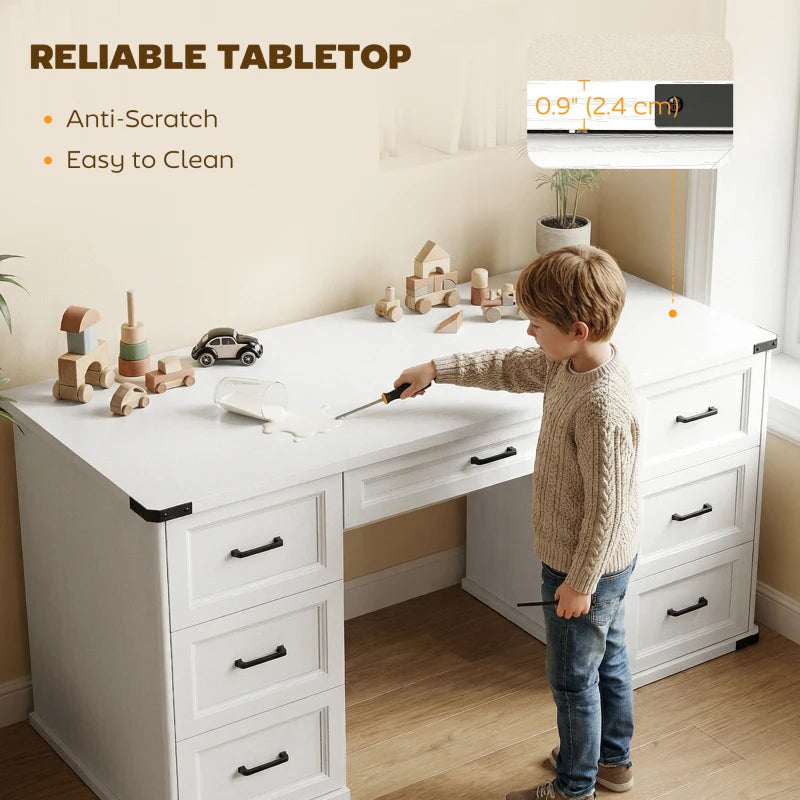 55" Computer Desk with 7 Drawers, Farmhouse Executive Desk for Home Office, Study, Bedroom, White Wood Grain