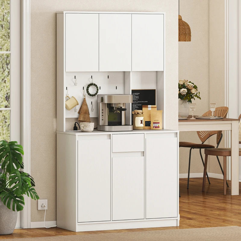 71" Pantry Cabinet with Charging Station, Kitchen Storage Cabinet with Microwave Stand, Pegboard, 6 S-hooks, White
