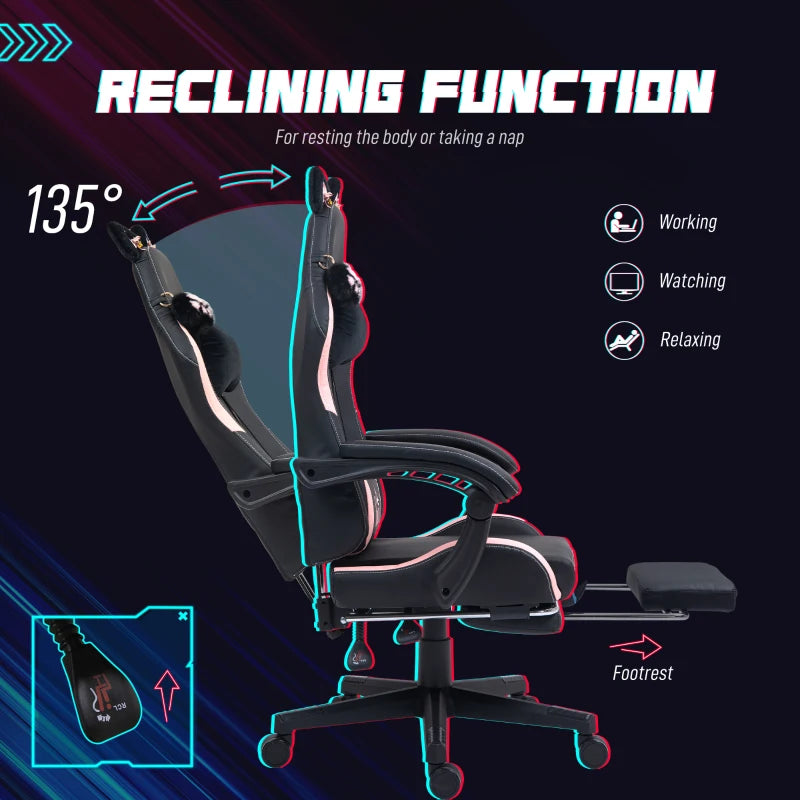 Cute Racing Gamer Chair, Faux Leather Gaming Chair with Footrest, Headrest and Lumbar Support, Black