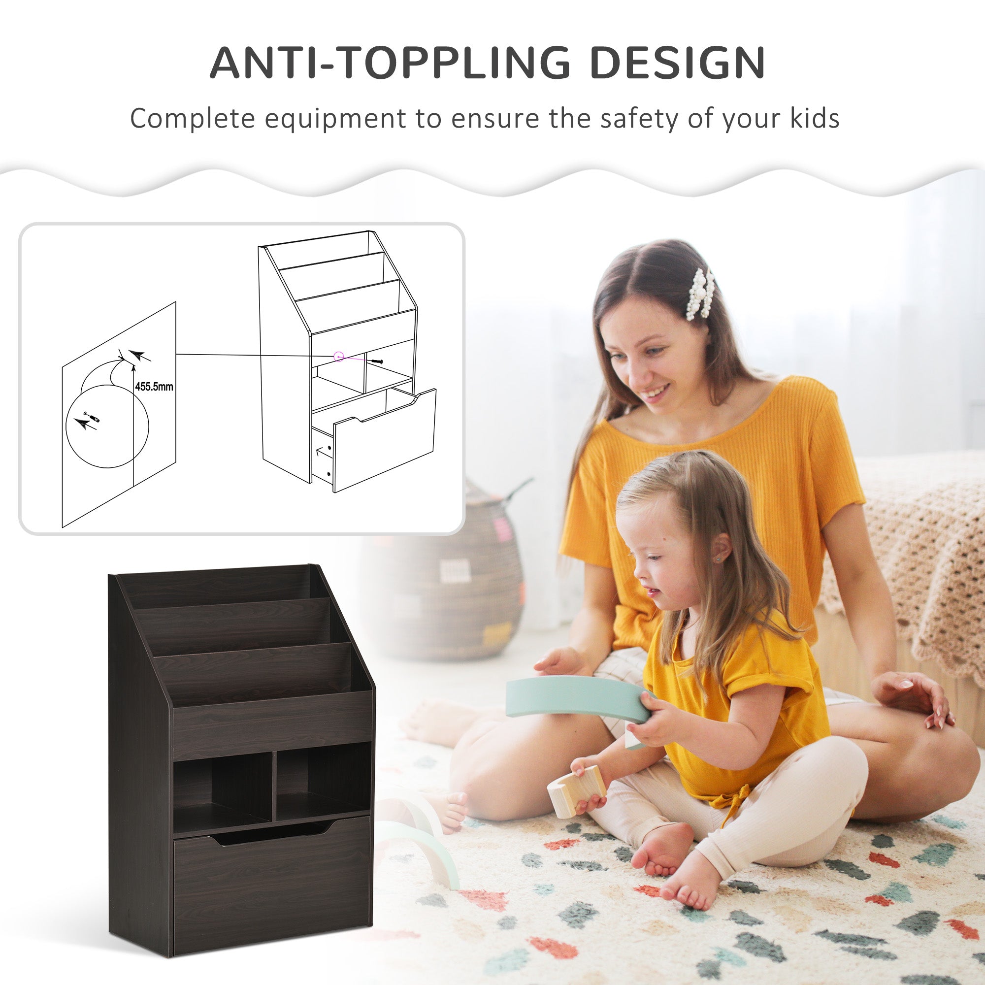 HOMCOM Kids Bookcase Multi Shelf Rack Organizer Storage Drawer Reading Nook Classroom Bedroom Playroom Brown