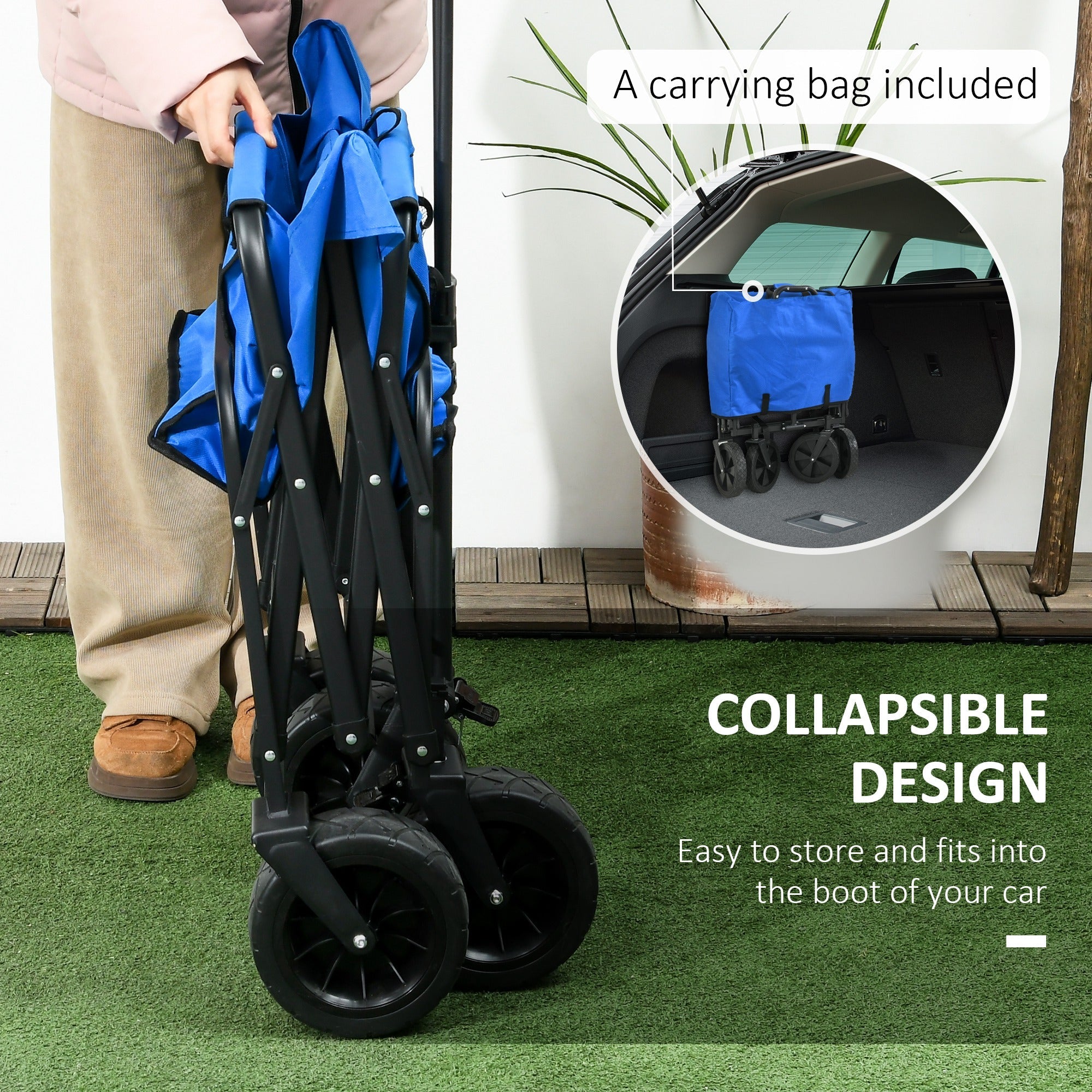 Outsunny Steel Frame Folding Garden Cart, Collapsible Wagon Cart with Removable Canopy, Telescopic Handle and Carrying Bag, Dark Blue