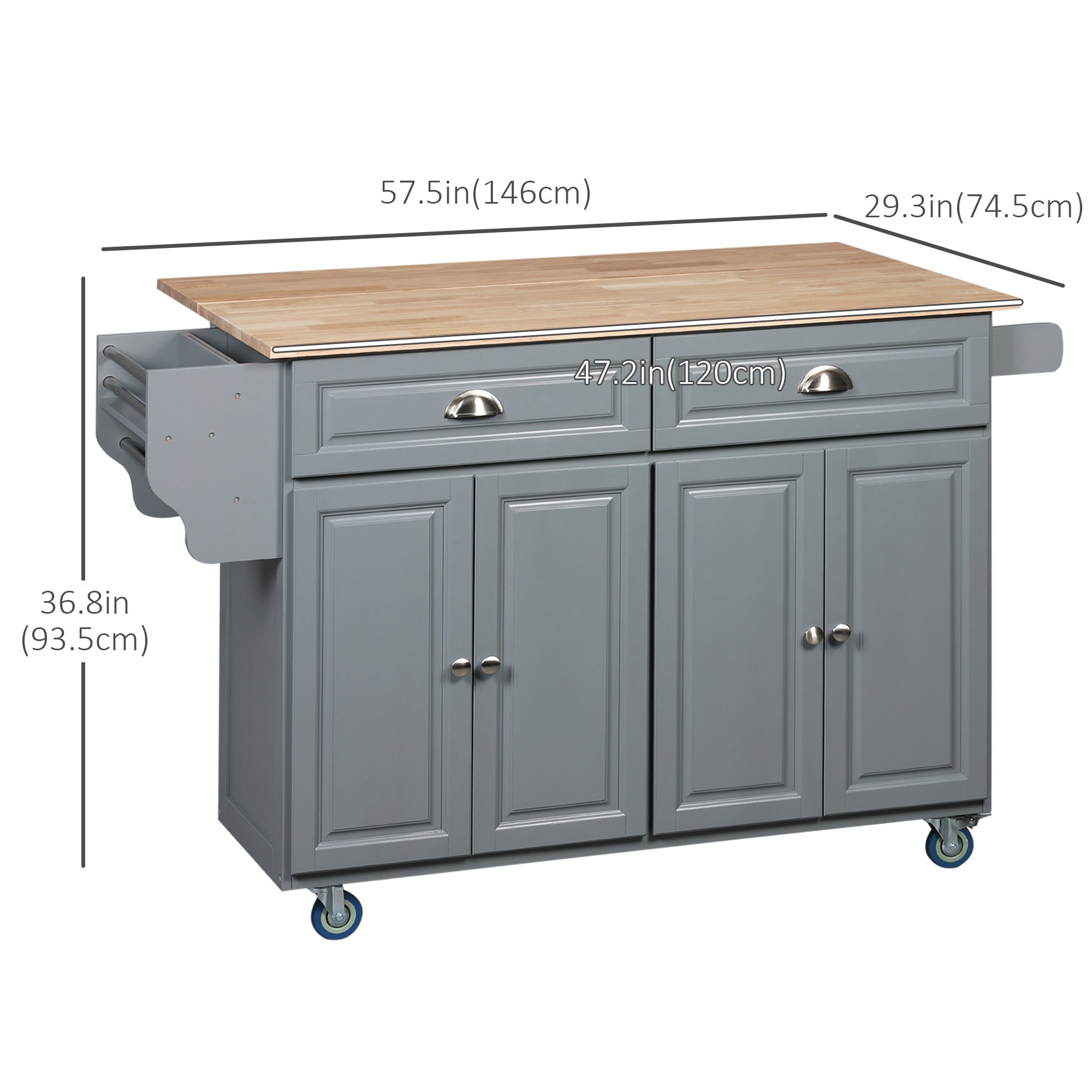 HOMCOM Rolling Kitchen Island: Drop-Leaf Wood Top, Drawers & Cabinets for Extra Storage, Grey