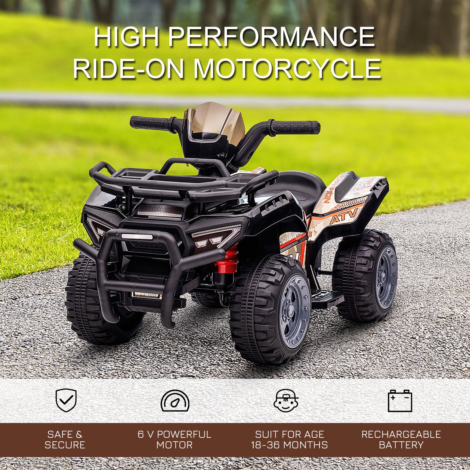 Aosom Ride-On ATV: 6V Battery Powered, Four Wheeler, Headlights, 18-36 Months, Black, Toddler Quad