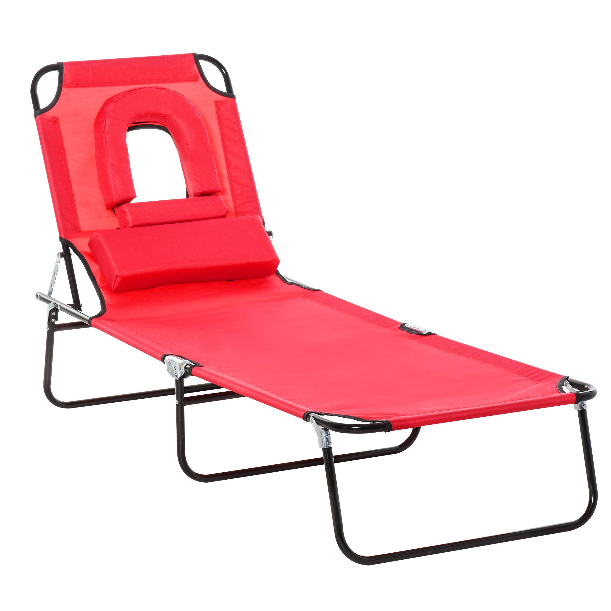 Outsunny Adjustable Sun Lounger with Reading Hole Folding Outdoor Recliner Seat for Beach Camping Red