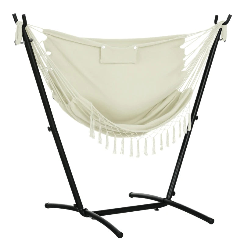 Patio Hammock Chair with Stand, Outdoor Hammock Swing Hanging Lounge Chair with Side Pocket and Headrest, Cream