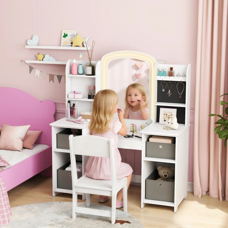 Qaba Kids Vanity Table and Chair Set, Toddler Dressing Table and Chair Set with Lighted Mirror and Storage Space for Little Girls, White