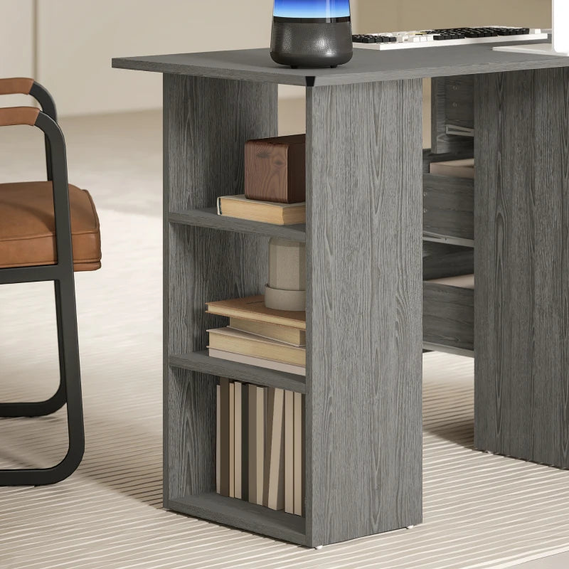 Computer Desk, 47" Writing Table with 3-Tier Shelves and 3 Reversible Drawers for Home Office, Bedroom, Grey