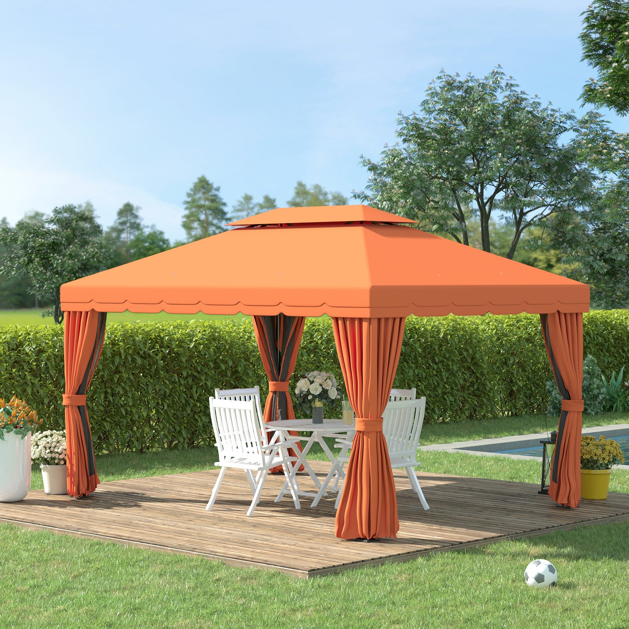 Outsunny 10'x13' Aluminum Frame Gazebo Canopy Garden Shelter Orange with Netting and Curtains