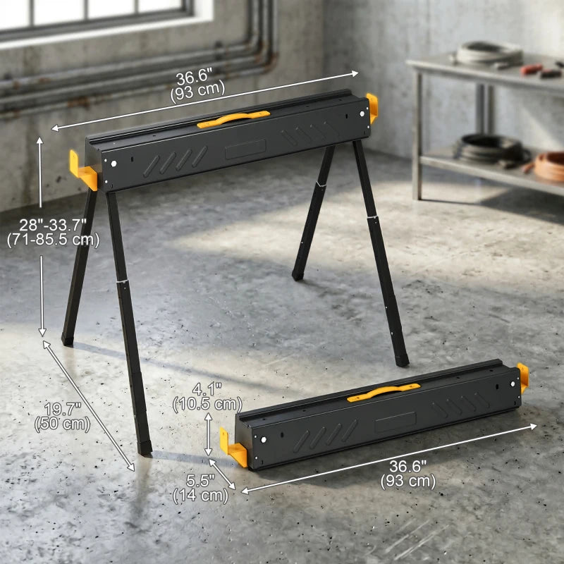 HOMCOM Folding Mitre Saw Stands, Adjustable Sawhorses Set of 2, 1100 lb Capacity Work Support with 2x4 Brackets, Carry Handles & Non-Slip Feet, Black