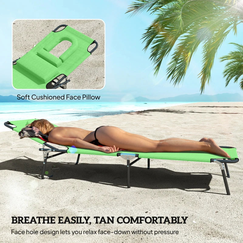 Adjustable Outdoor Lounge Chair, Garden Folding Chaise Lounge with Face Hole Reclining Tanning Chair Seat, Folding Camping Beach Lounging Bed w/ Support Pillow, Green