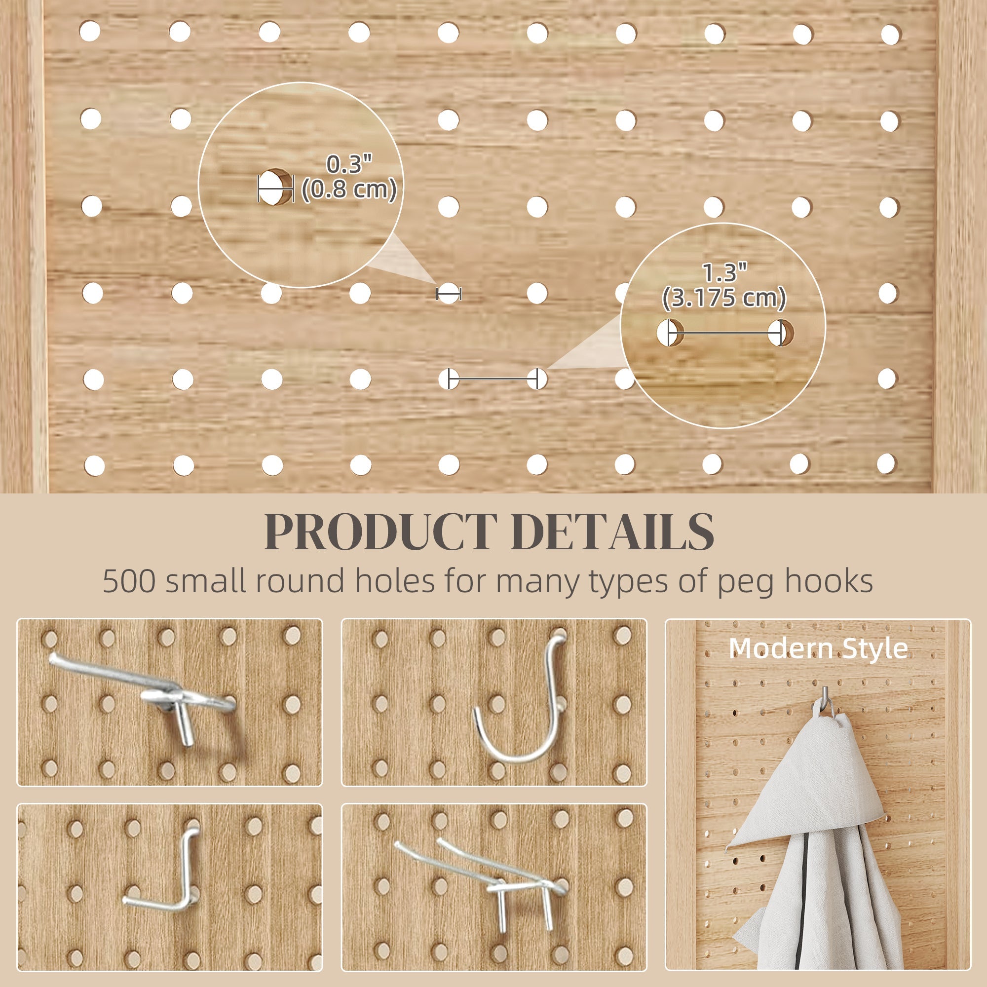 HOMCOM 5.6 Ft. Tall 6-Panel Room Divider, Pegboard Panel Freestanding Folding Privacy Screen Panels, Partition Wall Divider for Indoor Bedroom Office, Natural