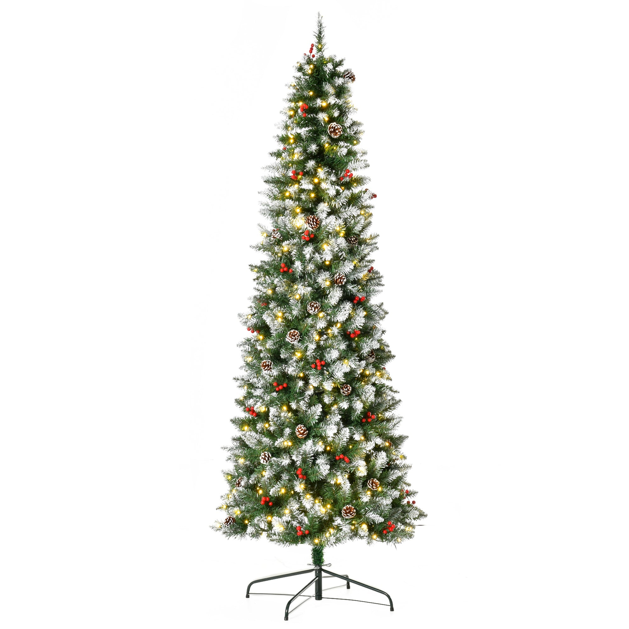 HOMCOM 7.5 ft Snow-Dipped Pencil Christmas Tree Pre-Lit Holiday Decoration with LED Lights Pine Cones Red Berries Green