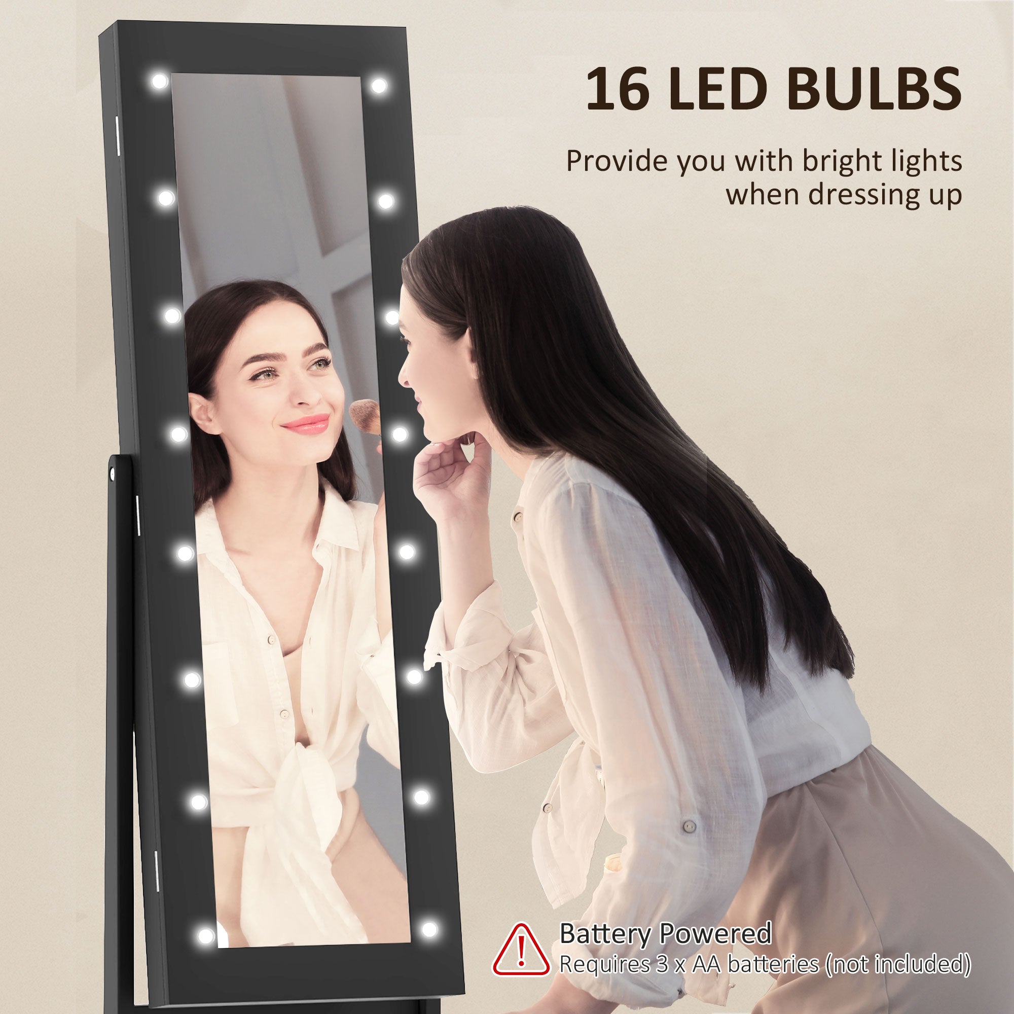 HOMCOM Freestanding Armoire Jewelry Cabinet Lighted Mirror Angle Adjustable 16 LED Lights Black