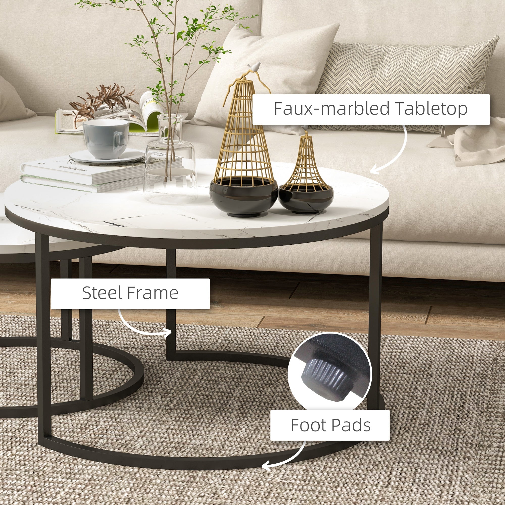 Homcom Metal Nesting Side Tables: Modern Set of 2 for Living Room, Bedroom or Office Space