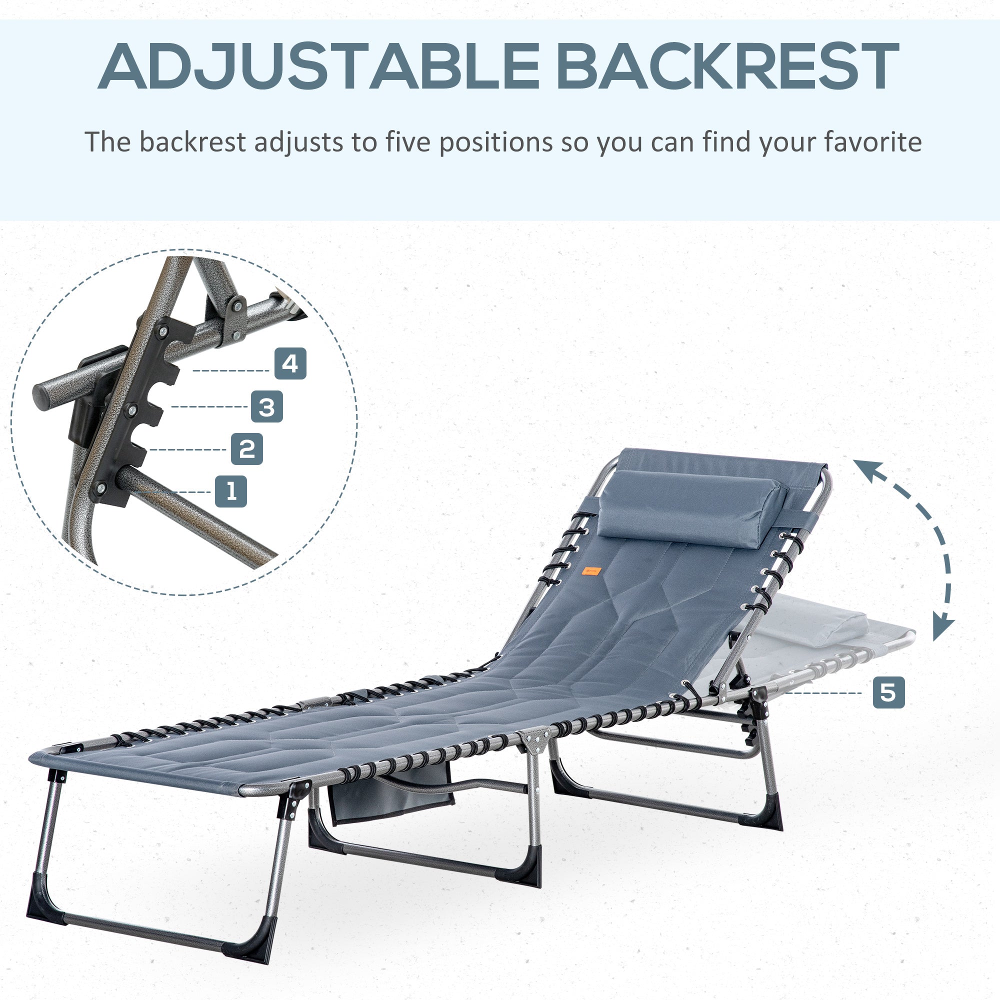 Outsunny Folding Chaise Lounge Chair Outdoor Padded Recliner 5-Position Adjustable Backrest Pillow Pocket Grey