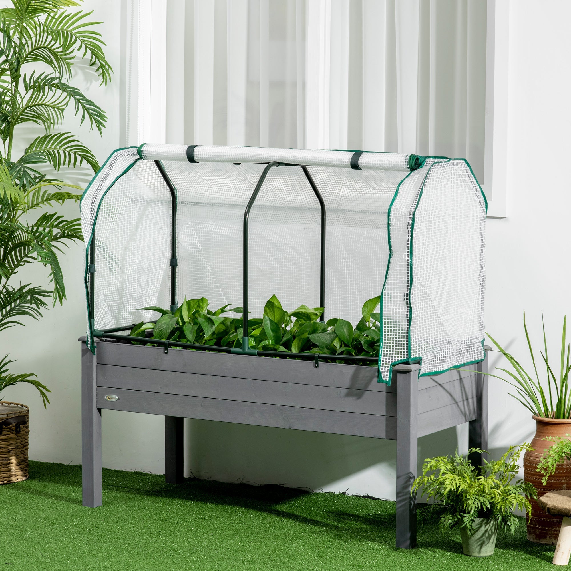 Outsunny Elevated Wooden Planter Box with PE Greenhouse Cover Raised Garden Bed for Vegetables Herbs Dark Grey