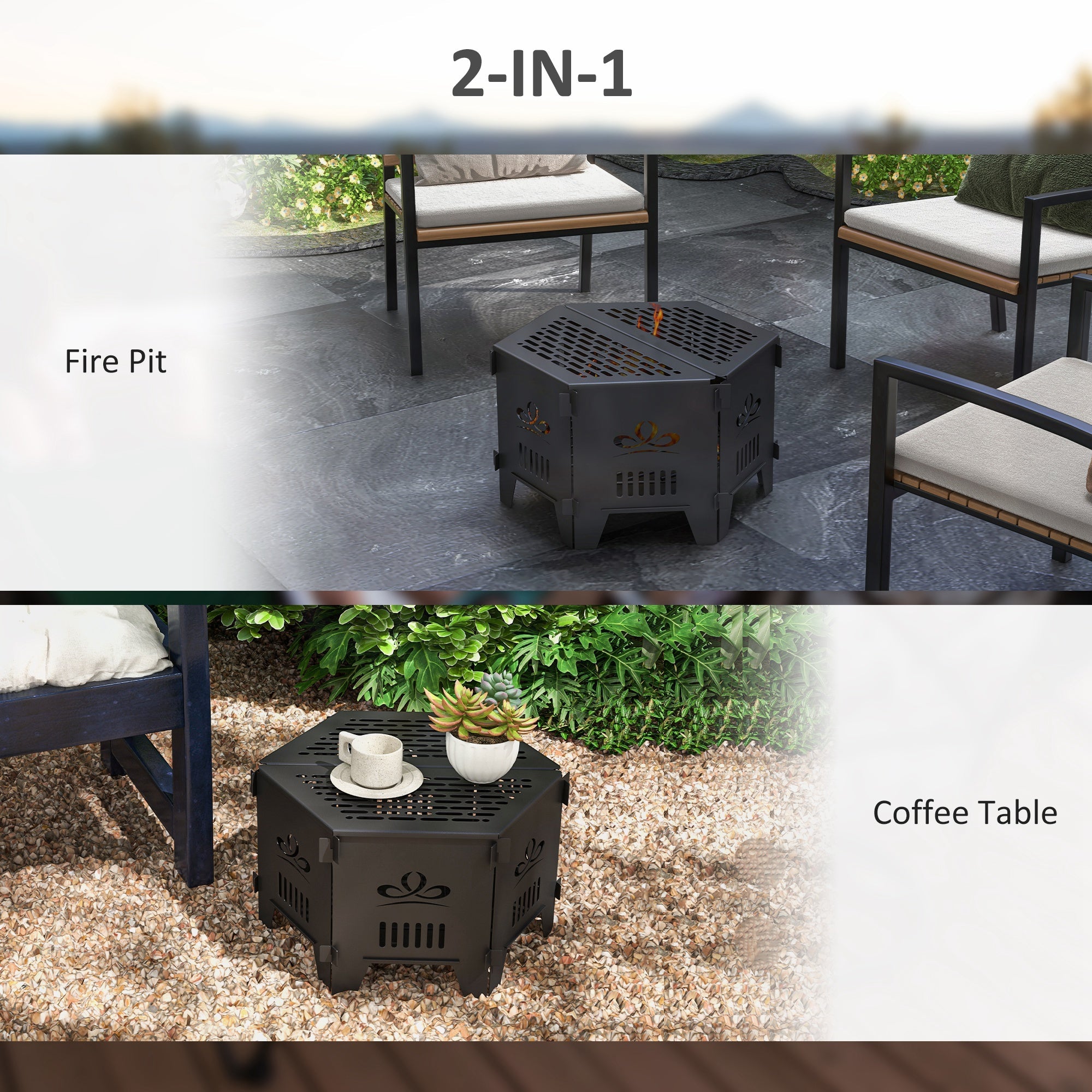 Outsunny Portable 2-In-1 Fire Pit Table, 20" Hexagon, Plug Firepit with Carrying Bag, Ideal for Patio, Camping, Easy Transport