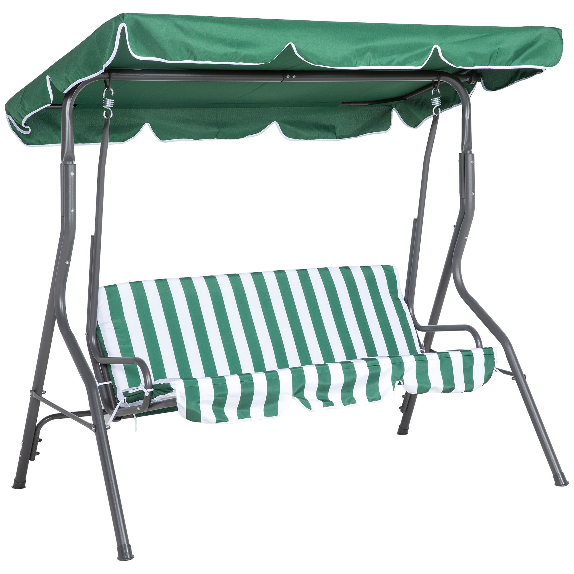 Outsunny 3-Seat Patio Swing Chair, Outdoor Porch Swing Glider with Adjustable Canopy, Removable Cushion, and Weather Resistant Steel Frame, for Garden, Poolside, Green & White
