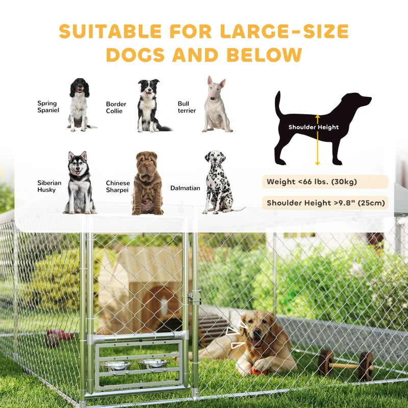 Outdoor Dog Run w/ Adjustable & Rotating Bowls, Water-Resistant UV-Resistant Cover, Secure Lock, 13.1' x 7.5' x 5.2'