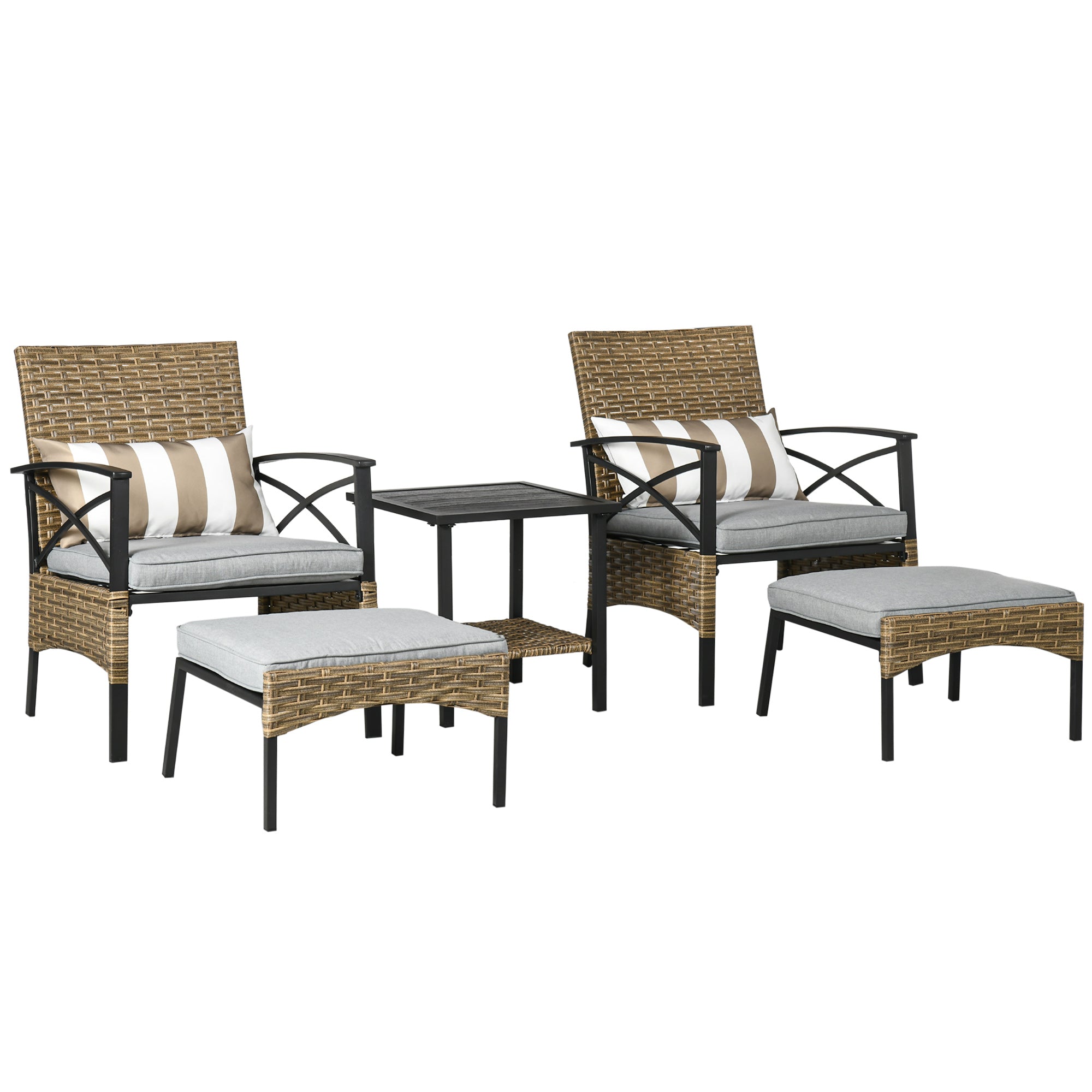 Outsunny Garden Furniture Set 5PC Rattan with Armchairs Stools & Steel Tabletop Khaki