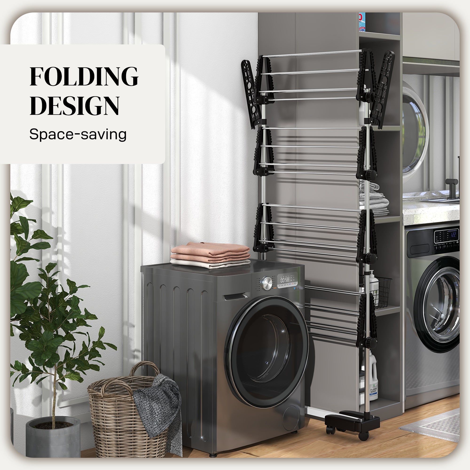 HOMCOM Garment Drying Rack Stainless Steel Folding Clothes Hanging Rack with Side Wings Castors for Indoor Outdoor Black
