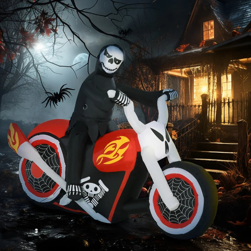 HOMCOM 6ft Inflatable Grim Reaper on Flaming Motorcycle – LED Lighted Halloween Outdoor Decoration