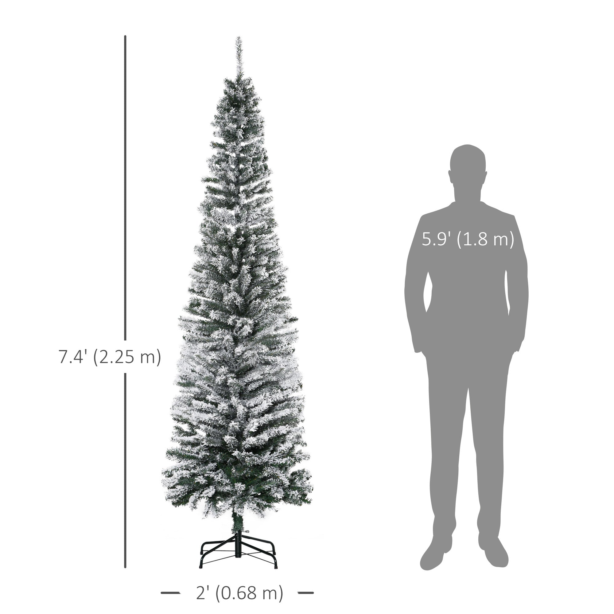 HOMCOM 7.5ft Snow Flocked Pencil Christmas Tree Artificial Slim Xmas Tree with Realistic Branch Tips Folding Metal Stand