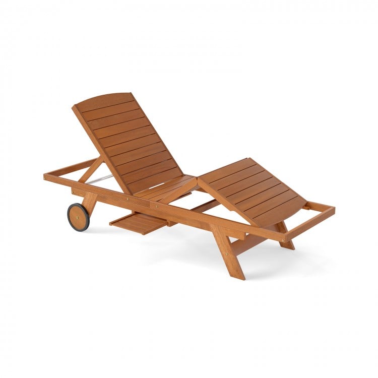 Outdoor Chaise Lounge Chair with Wheels 4-Position Patio Wood Recliner with Adjustable Backrest