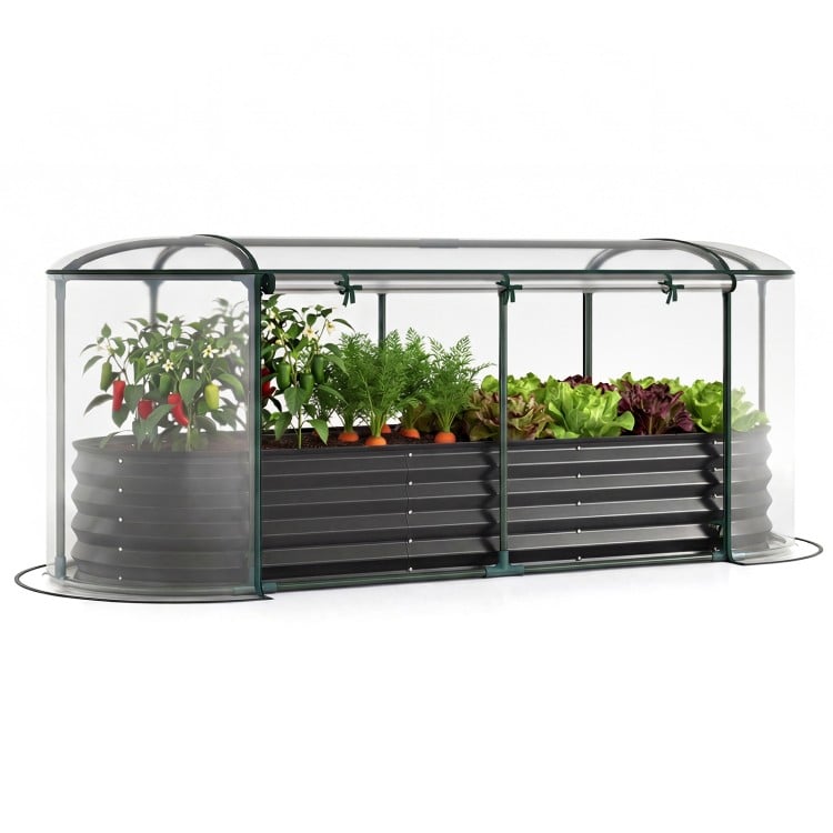 Outdoor Color Steel Raised Garden Bed with Greenhouse Cover Roll-up Window-Black