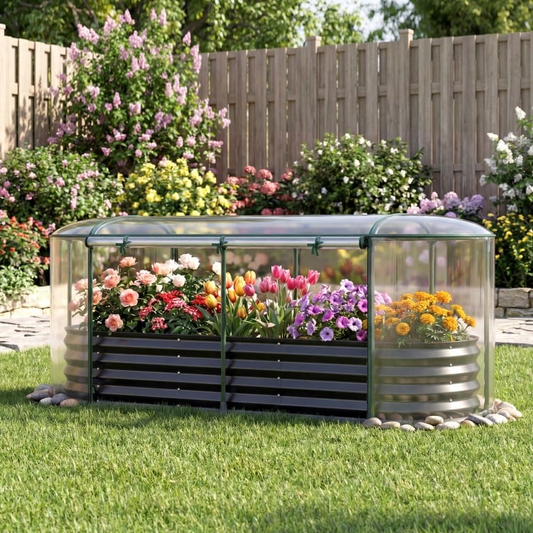 Outdoor Color Steel Raised Garden Bed with Greenhouse Cover Roll-up Window-Black