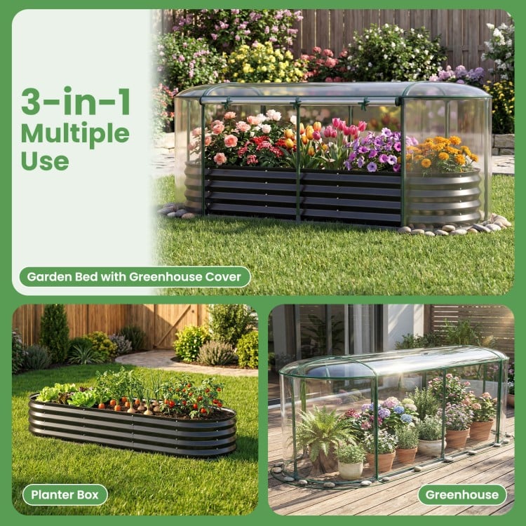 Outdoor Color Steel Raised Garden Bed with Greenhouse Cover Roll-up Window-Black