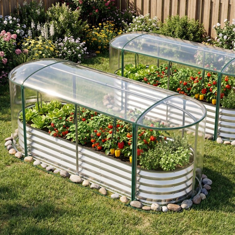 Outdoor Color Steel Raised Garden Bed with Greenhouse Cover Roll-up Window-Silver