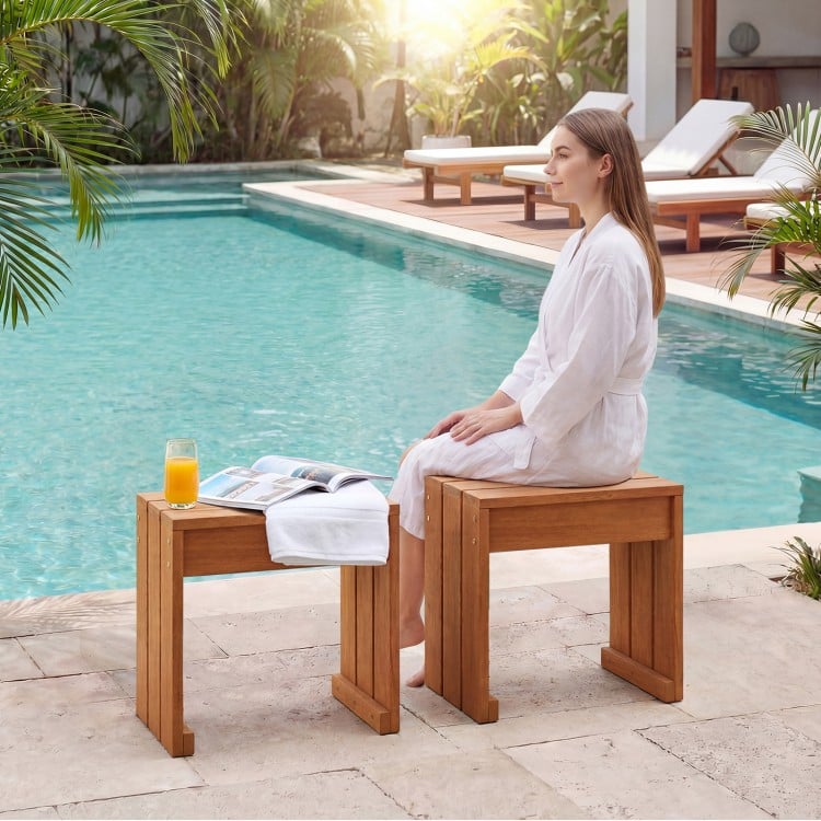 Outdoor Garden Bench Single Person Patio Backless Bench with Solid Wooden Frame