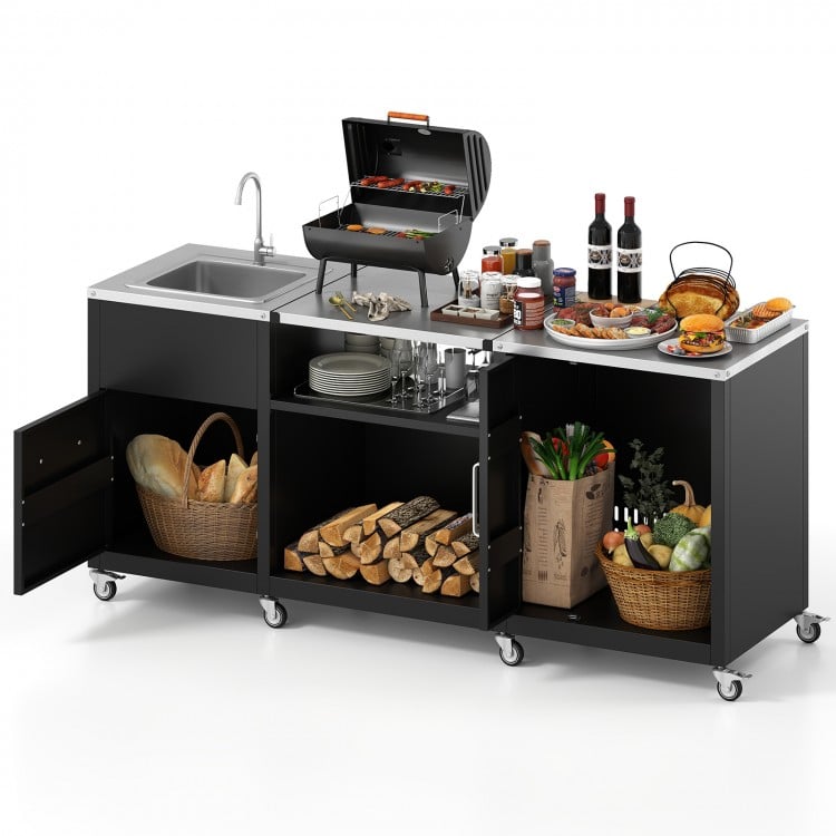 Outdoor Grill Table with Sink and Drainage Heavy Duty Metal Grill Cart