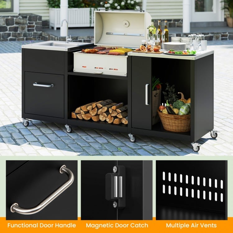 Outdoor Grill Table with Sink and Drainage Heavy Duty Metal Grill Cart