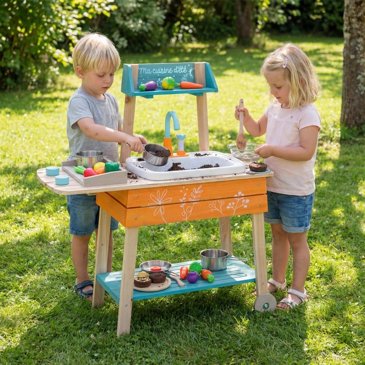 Outdoor Kids Play Kitchen Set Wooden Toy Kitchen Playset with Removable Sink