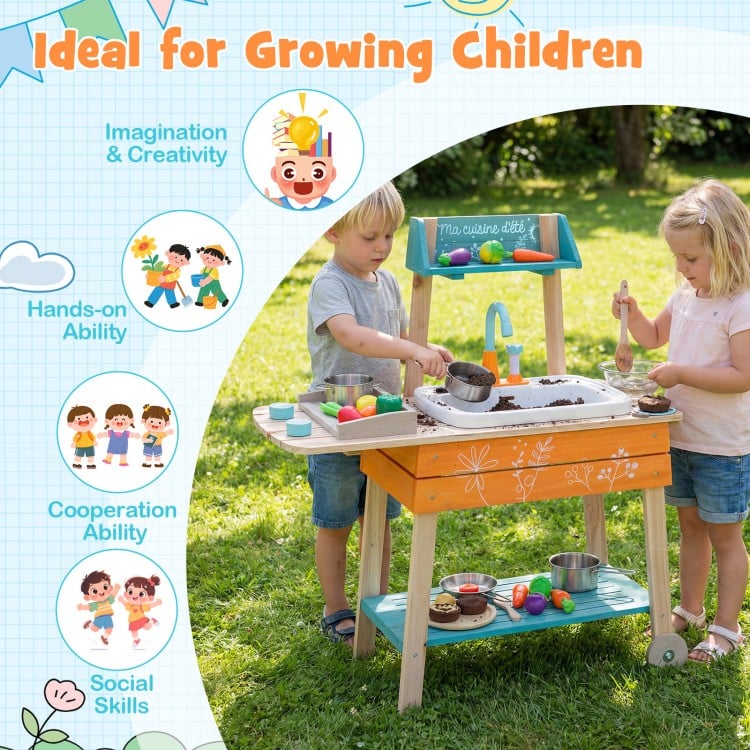 Outdoor Kids Play Kitchen Set Wooden Toy Kitchen Playset with Removable Sink