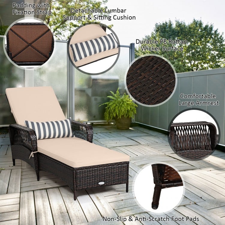 Outdoor Patio Wicker Chaise Lounge Chair with Adjustable Backrest and Pillow-Beige
