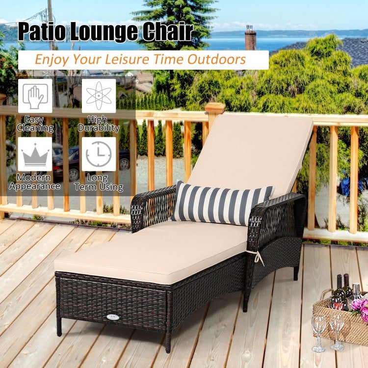 Outdoor Patio Wicker Chaise Lounge Chair with Adjustable Backrest and Pillow-Beige