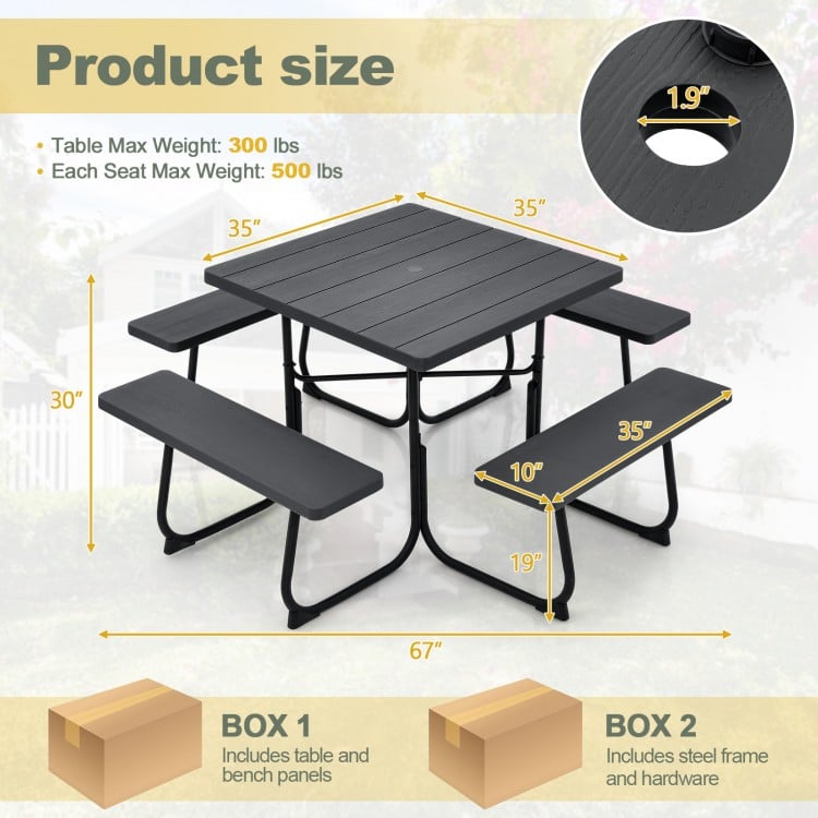 Outdoor Picnic Table with 4 Benches and Umbrella Hole-Brown