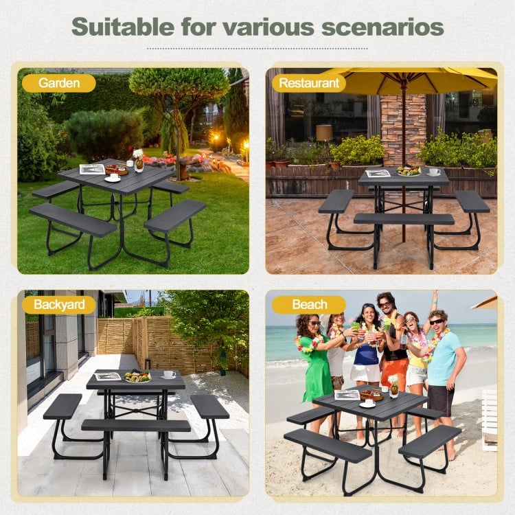 Outdoor Picnic Table with 4 Benches and Umbrella Hole-Brown