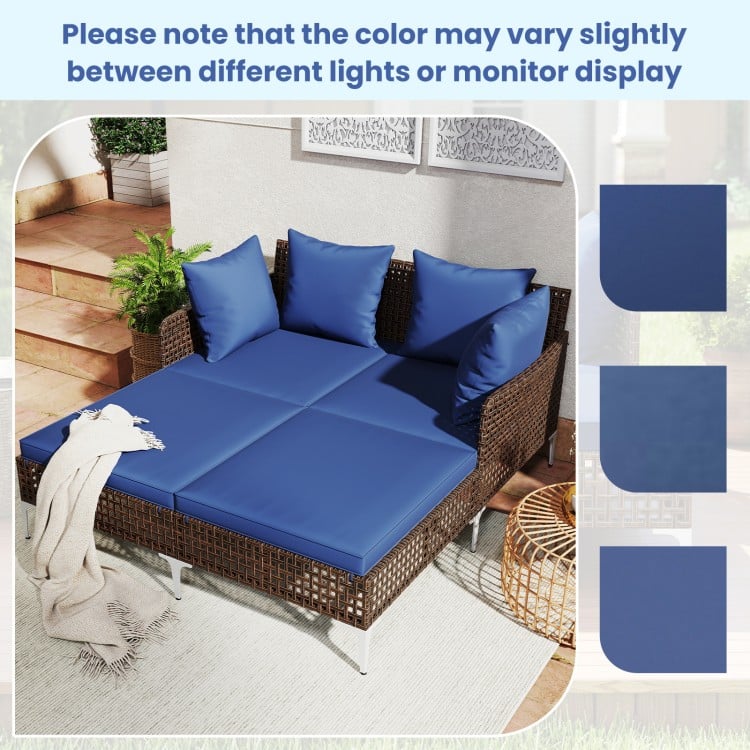 Outdoor Rattan Double Daybed Wicker Chaise Lounge-Navy