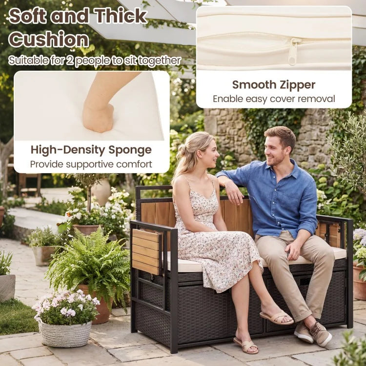 Outdoor Storage Bench with Side Tables – 2-Seater Wicker Patio Bench with Hidden Storage & Cushion
