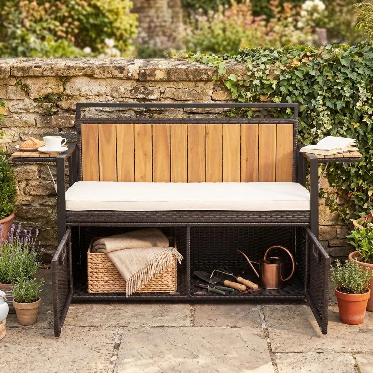 Outdoor Storage Bench with Side Tables – 2-Seater Wicker Patio Bench with Hidden Storage & Cushion