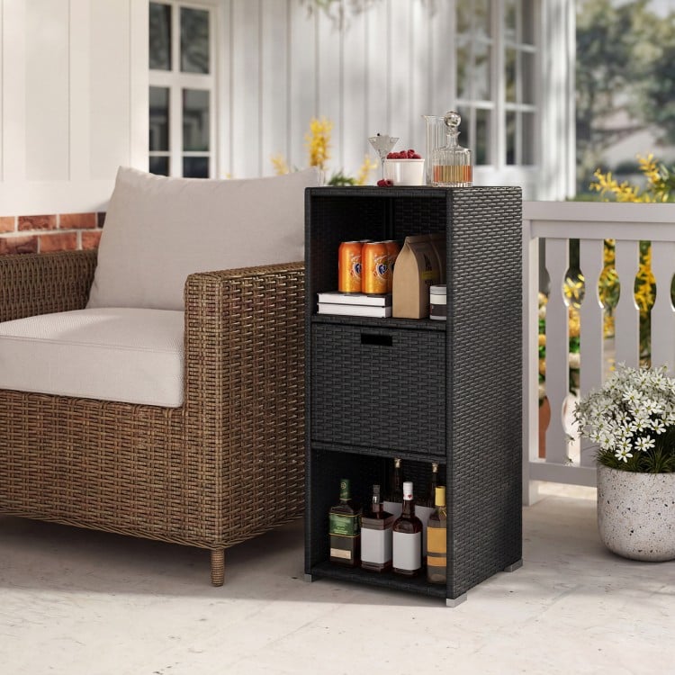 Outdoor Storage Cabinet Patio Wicker Organizer with Drawer-Black