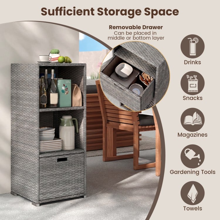 Outdoor Storage Cabinet Patio Wicker Organizer with Drawer-Gray